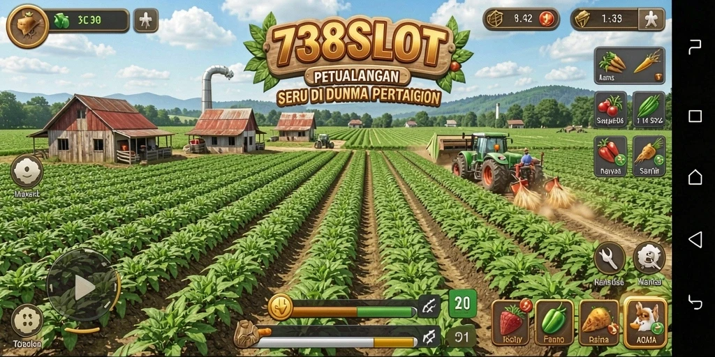 Screenshot permainan 738SLOT menampilkan keindahan ladang pertanian yang penuh warna.