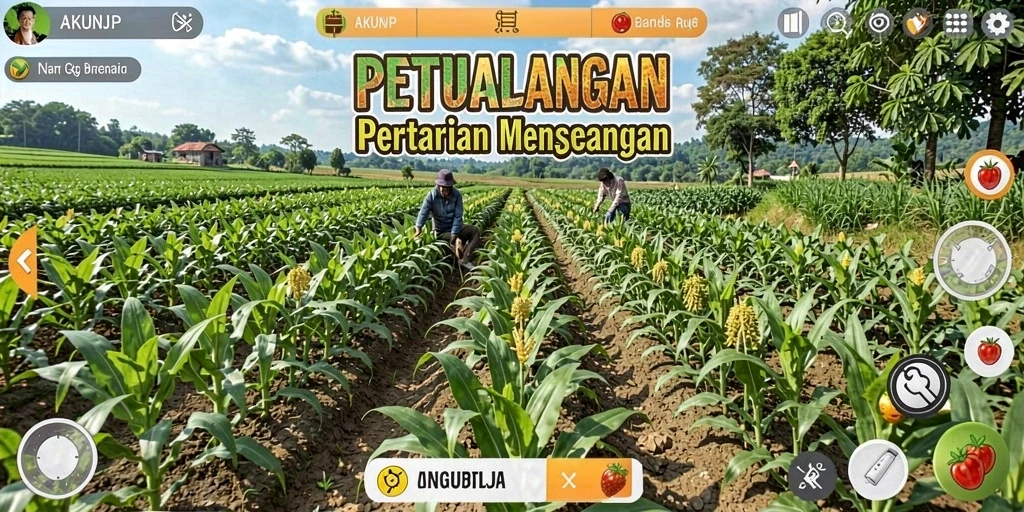 Screenshot gameplay AKUNJP menampilkan ladang yang subur dan interaksi karakter.