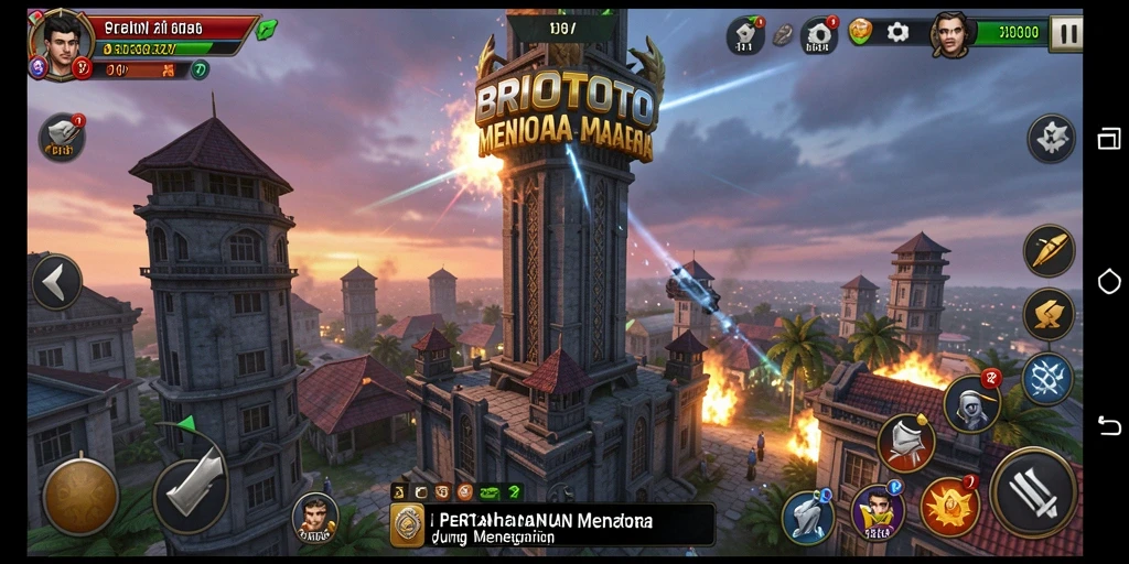 Tampilan menara bertahan melawan gelombang musuh.