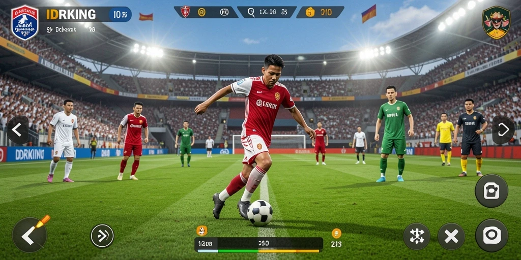 Screenshot gameplay IDRKING menampilkan aksi seru di lapangan sepak bola.