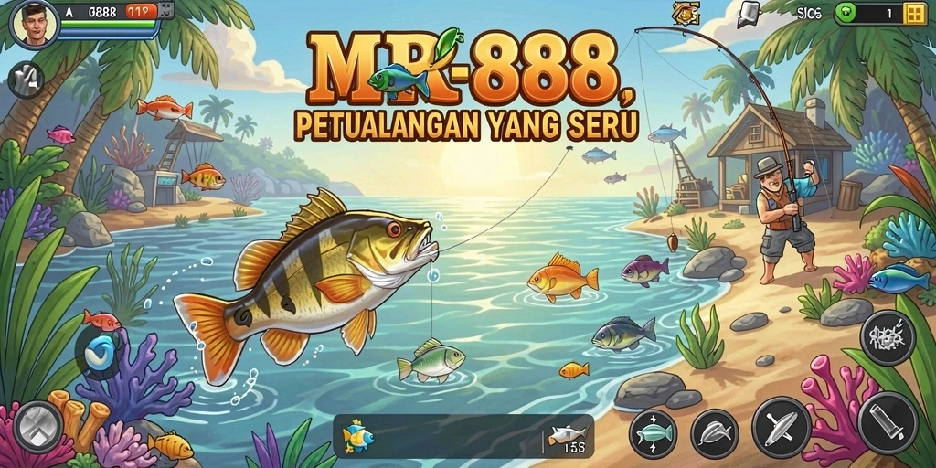 Screenshot gameplay MR888 menunjukkan momen mendebarkan saat menangkap ikan.