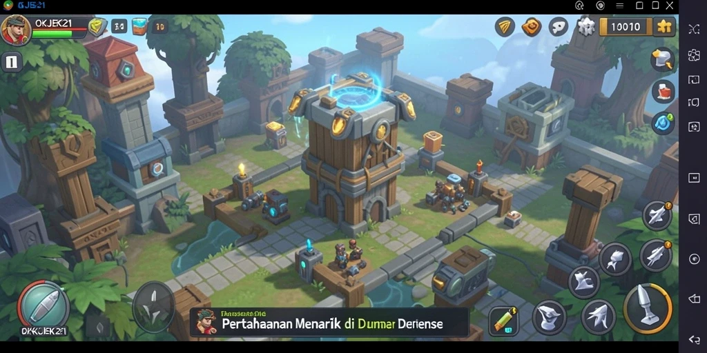 Screenshot utama OKJEK21 menampilkan aksi seru dalam Tower Defense.