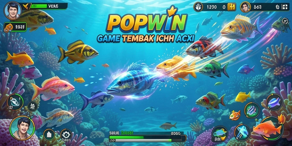 Tampilan gameplay seru di POPWIN, menembak ikan berwarna-warni.