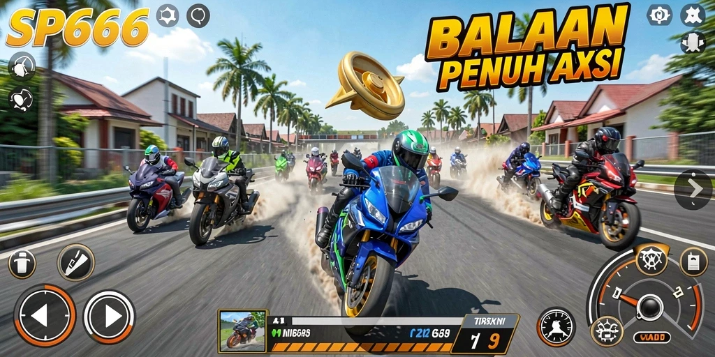 Gameplay seru SP666 dengan balapan motor menegangkan.