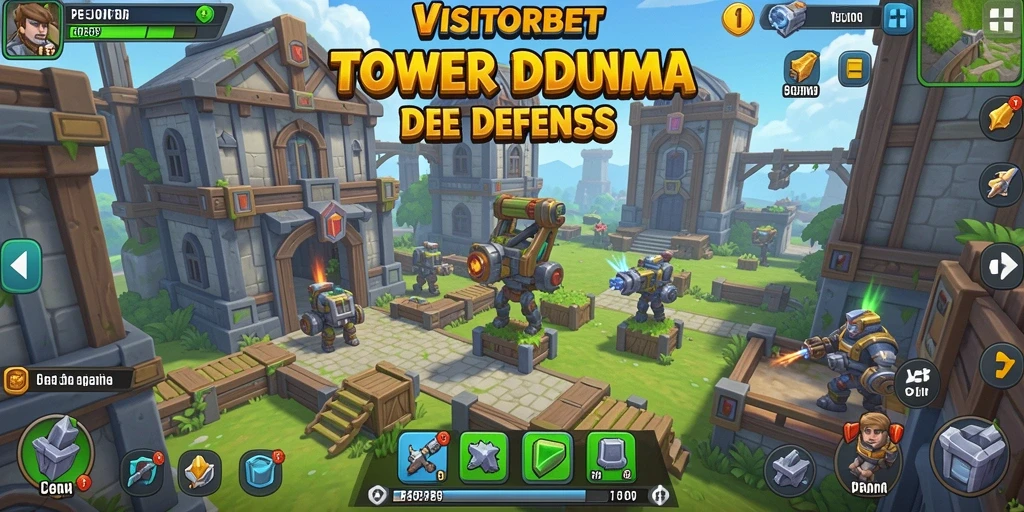 Tampilkan aksi menara dan musuh dalam gameplay Tower Defense.