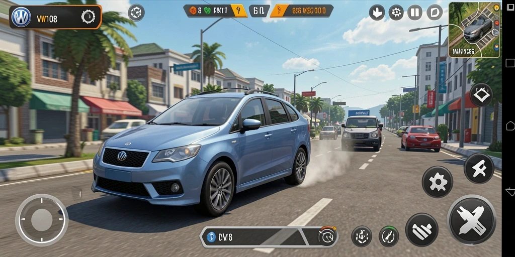 Gameplay VW108 menampilkan simulasi kota yang realistis dan interaktif.